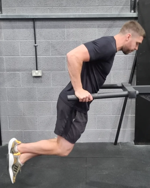 Dan demonstrating dips on parallel bars